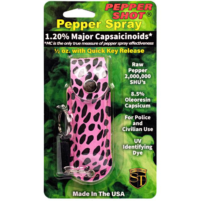 Pepper Shot 1/2 oz Pepper Spray Fashion Leatherette Holster cheetah Black/Pink