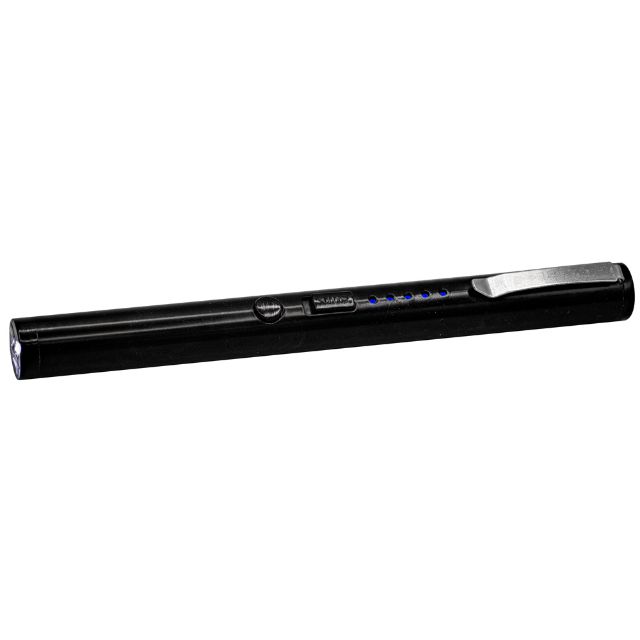 Pen Stun Gun Flashlight with battery meter and pocket clip Black
